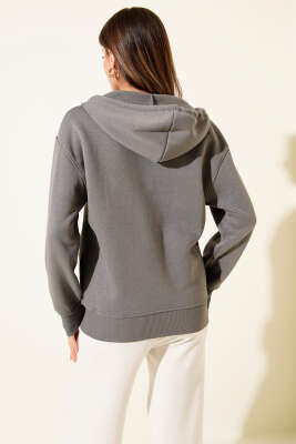 Önü Fermuarlı Kapüşonlu Hırka Gri - Kadın Giyim Modelleri