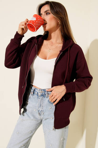 Önü Fermuarlı Kapüşonlu Hırka Mürdüm - Kadın Giyim Modelleri