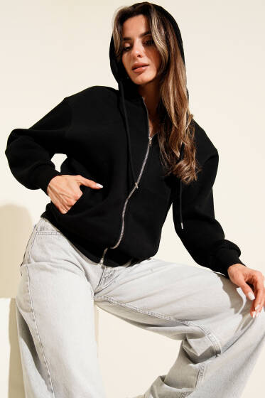 Önü Fermuarlı Kapüşonlu Hırka Siyah - Kadın Giyim Modelleri