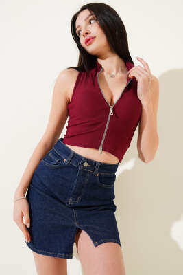 Önü Fermuarlı Kolsuz Kaşkorse Crop Bordo 