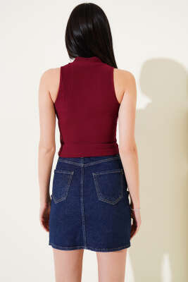 Önü Fermuarlı Kolsuz Kaşkorse Crop Bordo - Kadın Giyim Modelleri