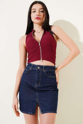 Önü Fermuarlı Kolsuz Kaşkorse Crop Bordo - Kadın Giyim Modelleri