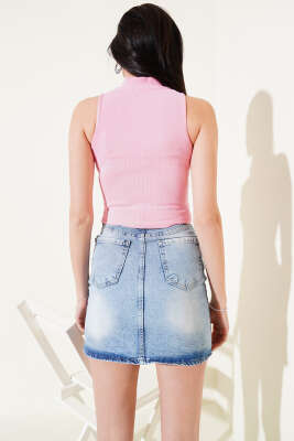 Önü Fermuarlı Kolsuz Kaşkorse Crop Pembe - Kadın Giyim Modelleri