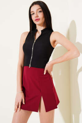 Önü Fermuarlı Kolsuz Kaşkorse Crop Siyah - Yılın Fırsatı