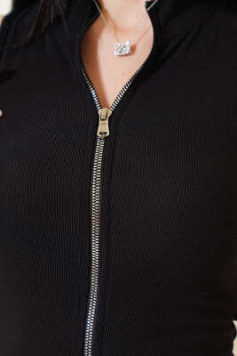 Önü Fermuarlı Kolsuz Kaşkorse Crop Siyah - Yılın Fırsatı