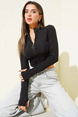 Önü Fermuarlı Parmak Geçirmeli Bluz Siyah - Kadın Giyim Modelleri