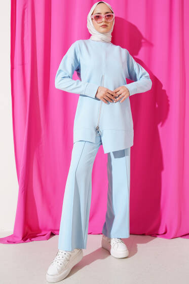 Önü Fermuarlı Tunik İkili Takım Bebe Mavi - İkili Takım