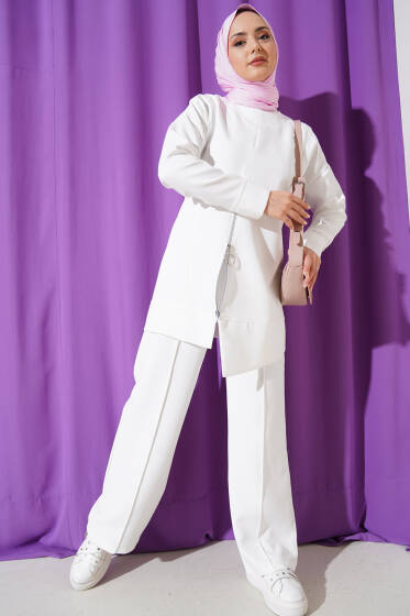 Önü Fermuarlı Tunik İkili Takım Beyaz - İkili Takım