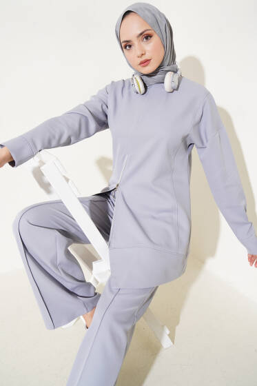 Önü Fermuarlı Tunik İkili Takım Gri - İkili Takım