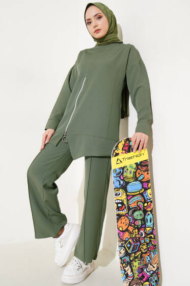Önü Fermuarlı Tunik İkili Takım Haki - İkili Takım
