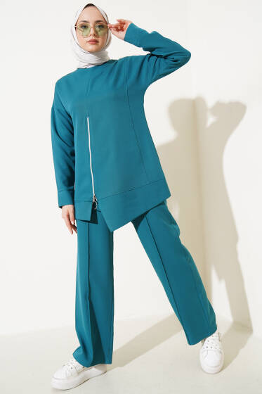 Önü Fermuarlı Tunik İkili Takım Zümrüt - İkili Takım