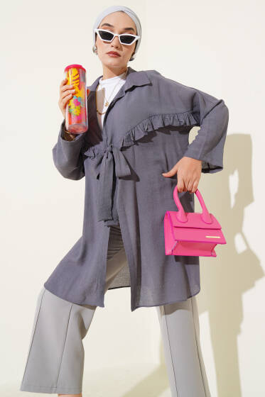 Önü Fırfır Bağlamalı Kimono Füme - Dış Giyim&Mont