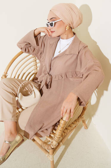 Önü Fırfır Bağlamalı Kimono Latte - Dış Giyim&Mont