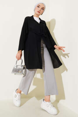 Önü Fırfır Bağlamalı Kimono Siyah 