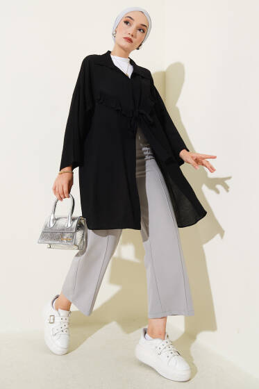 Önü Fırfır Bağlamalı Kimono Siyah - Dış Giyim&Mont