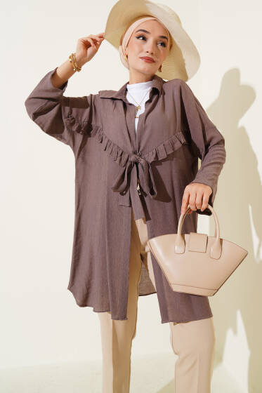 Önü Fırfır Bağlamalı Kimono Vizon - Dış Giyim&Mont