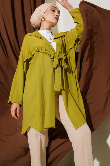 Önü Fırfır Bağlamalı Kimono Yağ Yeşili - Dış Giyim&Mont