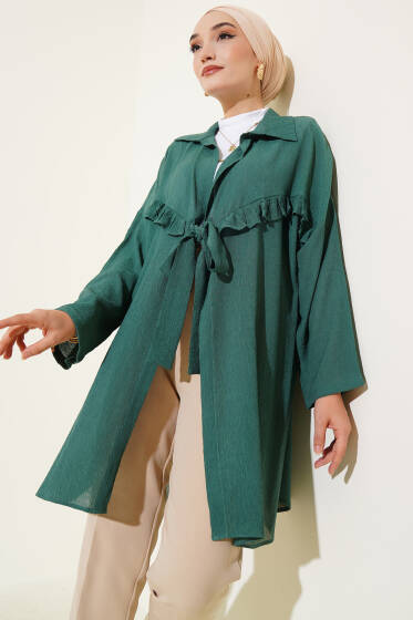 Önü Fırfır Bağlamalı Kimono Zümrüt - Dış Giyim&Mont