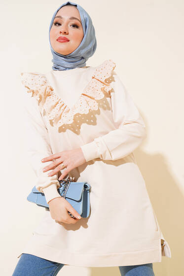 Önü Fırfır Dantel Tunik Bej - Tunik
