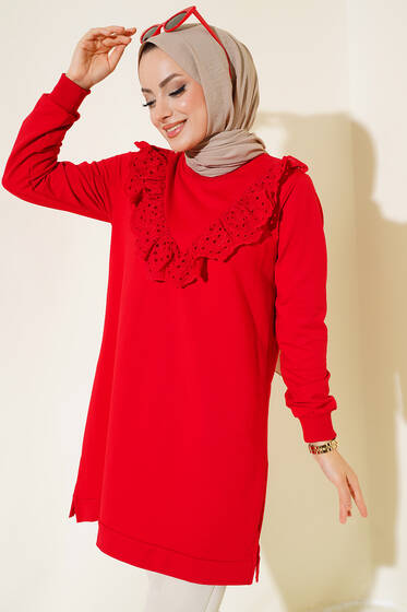 Önü Fırfır Dantel Tunik Kırmızı - Tunik