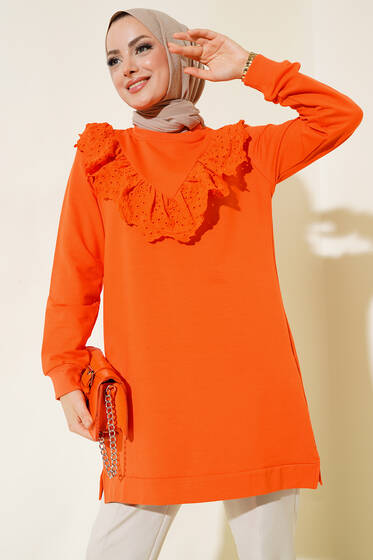 Önü Fırfır Dantel Tunik Oranj - Tunik
