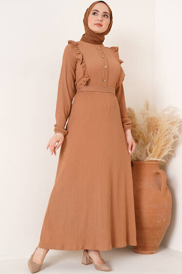 Önü Fırfır Detaylı Bürümcük Elbise Camel - Tesettür Elbise