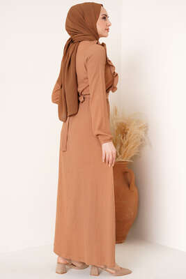 Önü Fırfır Detaylı Bürümcük Elbise Camel - Tesettür Elbise