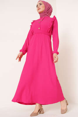 Önü Fırfır Detaylı Bürümcük Elbise Fuşya 