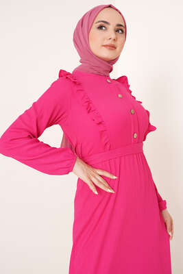 Önü Fırfır Detaylı Bürümcük Elbise Fuşya - Tesettür Elbise