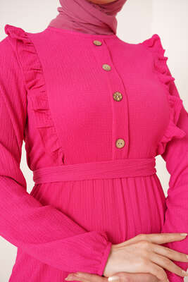 Önü Fırfır Detaylı Bürümcük Elbise Fuşya - Tesettür Elbise