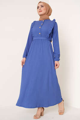 Önü Fırfır Detaylı Bürümcük Elbise İndigo 