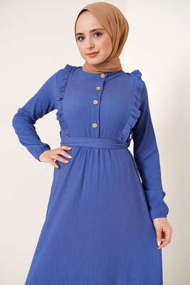 Önü Fırfır Detaylı Bürümcük Elbise İndigo - Tesettür Elbise