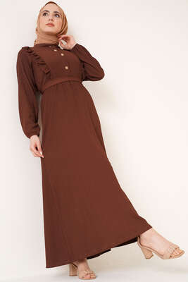 Önü Fırfır Detaylı Bürümcük Elbise Kahve 