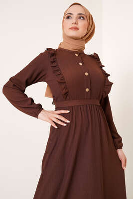 Önü Fırfır Detaylı Bürümcük Elbise Kahve - Tesettür Elbise