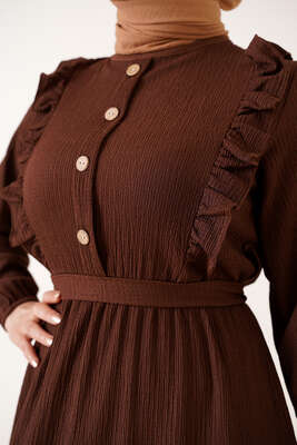 Önü Fırfır Detaylı Bürümcük Elbise Kahve - Tesettür Elbise