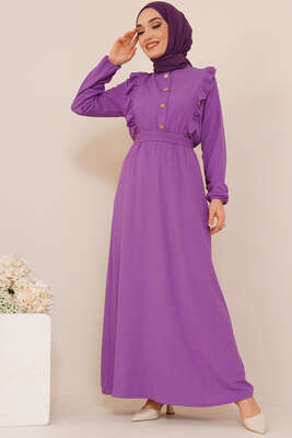 Önü Fırfır Detaylı Bürümcük Elbise Lila 
