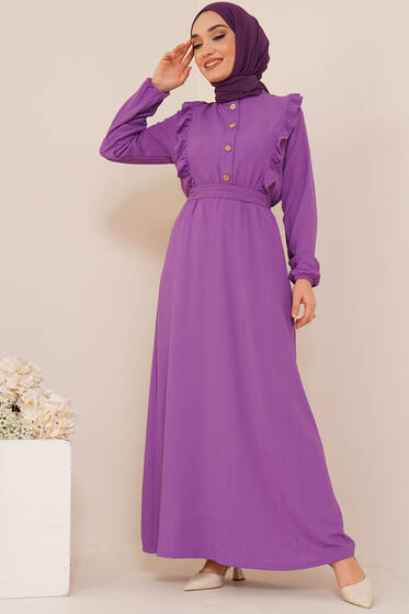Önü Fırfır Detaylı Bürümcük Elbise Lila - Tesettür Elbise