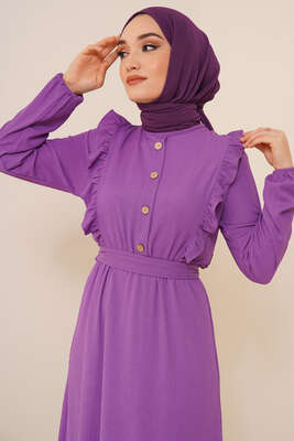 Önü Fırfır Detaylı Bürümcük Elbise Lila - Tesettür Elbise