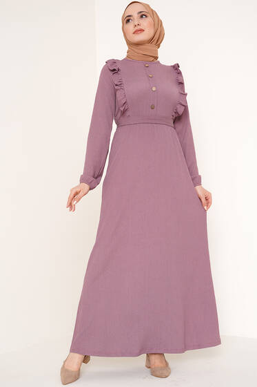 Önü Fırfır Detaylı Bürümcük Elbise Magenta - Tesettür Elbise
