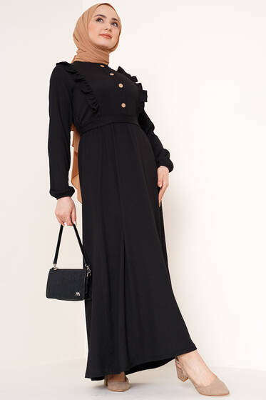 Önü Fırfır Detaylı Bürümcük Elbise Siyah - Tesettür Elbise