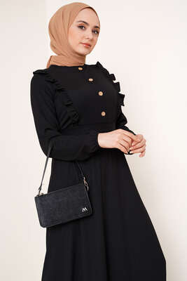 Önü Fırfır Detaylı Bürümcük Elbise Siyah - Tesettür Elbise