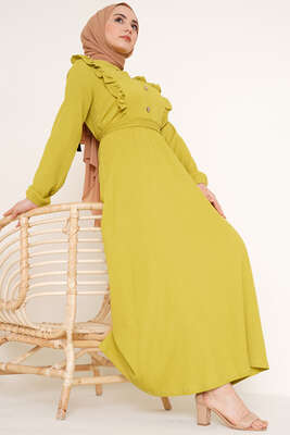 Önü Fırfır Detaylı Bürümcük Elbise Yağ Yeşili - NEVA MODA