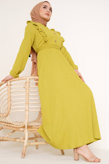 Önü Fırfır Detaylı Bürümcük Elbise Yağ Yeşili - Tesettür Elbise