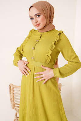 Önü Fırfır Detaylı Bürümcük Elbise Yağ Yeşili - Tesettür Elbise