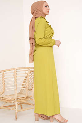 Önü Fırfır Detaylı Bürümcük Elbise Yağ Yeşili - Tesettür Elbise