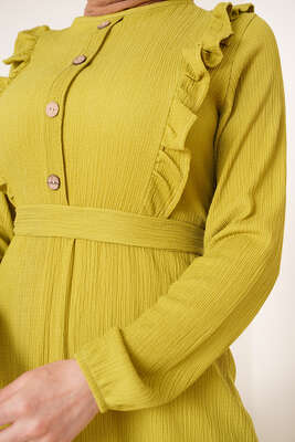 Önü Fırfır Detaylı Bürümcük Elbise Yağ Yeşili - Tesettür Elbise