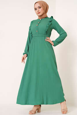 Önü Fırfır Detaylı Bürümcük Elbise Yeşil 