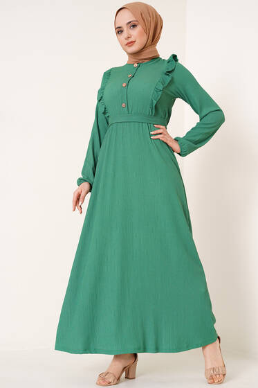Önü Fırfır Detaylı Bürümcük Elbise Yeşil - Tesettür Elbise