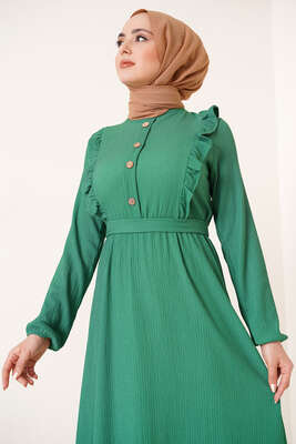 Önü Fırfır Detaylı Bürümcük Elbise Yeşil - Tesettür Elbise