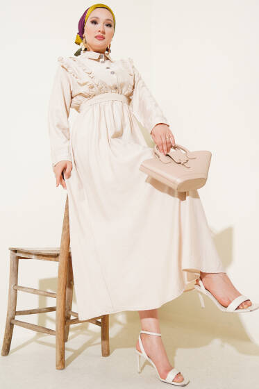 Önü Fırfır Detaylı Kuşaklı Elbise Bej - Elbise